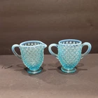 Fenton Hobnail Blue Opalescent Milk Glass CREAMER & SUGAR Demitasse VTG Set (19)