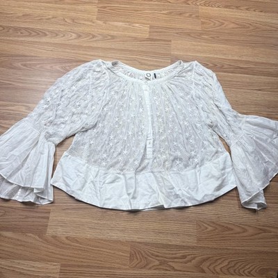Akemi Kin Blouse Womens XS White Sheer Lace Ruffle Bell Sleeve Top Boho Elegant