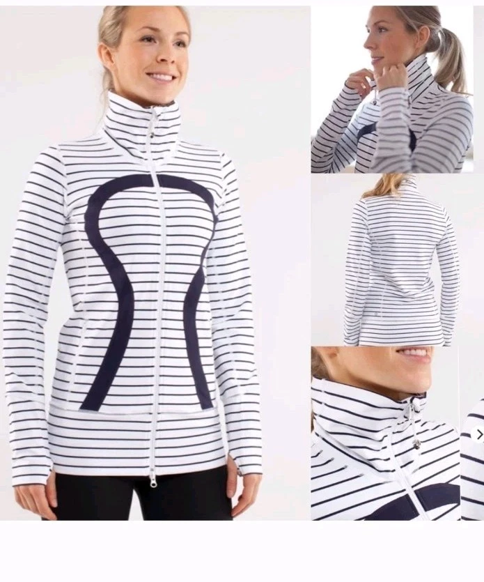 Chaqueta Lululemon Mujer Azul Y Blanco Larga Lenth Cuello Alto Rayas Stride 6 Foto 2 de 4