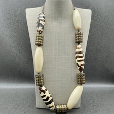 Necklace Brown Cream Resin Beaded Brass Tone Ethnic Boho Women Statement Jewelry