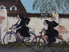 Mariele Berngeher Olchinger Künstlerin Naive Kunst Nonnen auf Fahrrad "Endspurt"