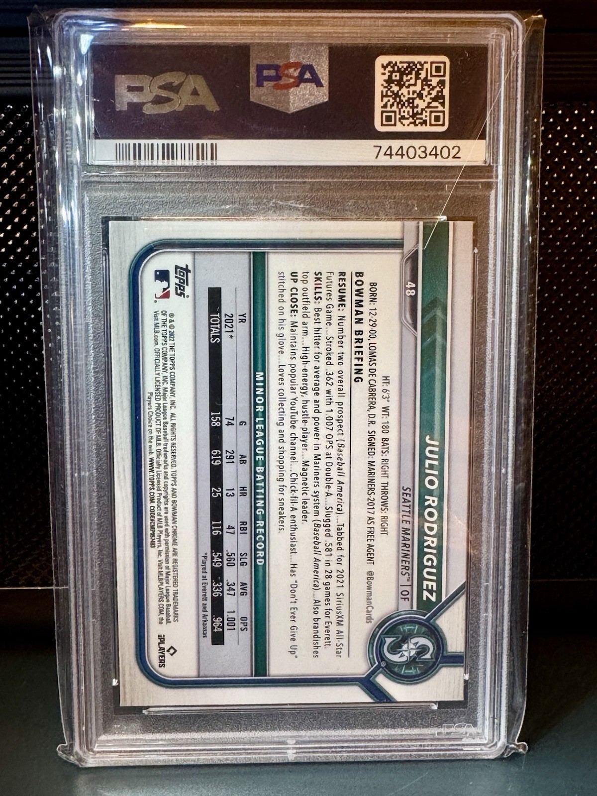 2022 Bowman Chrome Sapphire Edition #48 Julio Rodriguez PSA 10 RC Mariners view 2