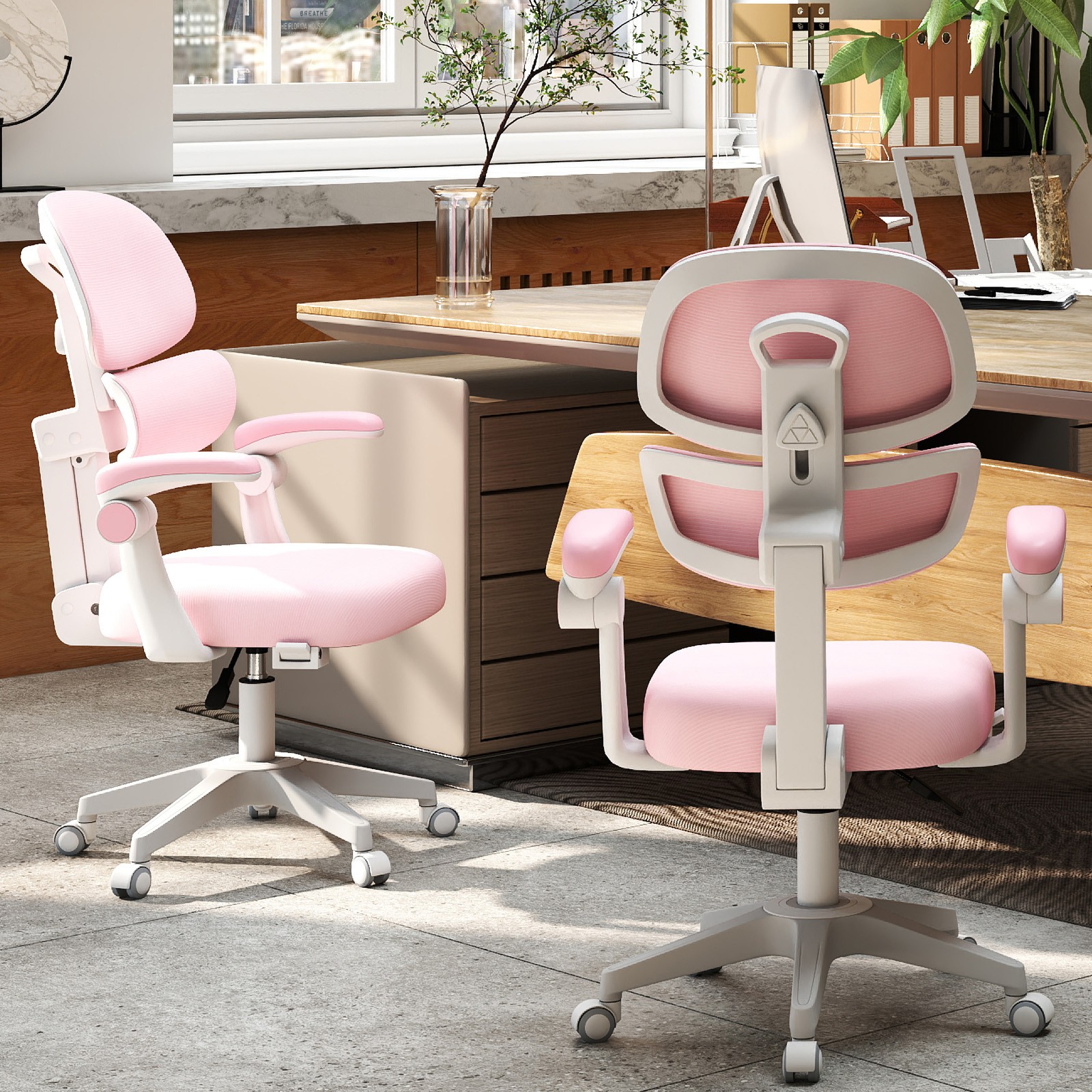 Gray/Pink Kids Study Chair Computer Chair Back-Following,Sit-Locking,360°Casters