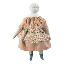 Antique German Style Bisque Porcelain Cloth Doll Pink Dress 4.5"