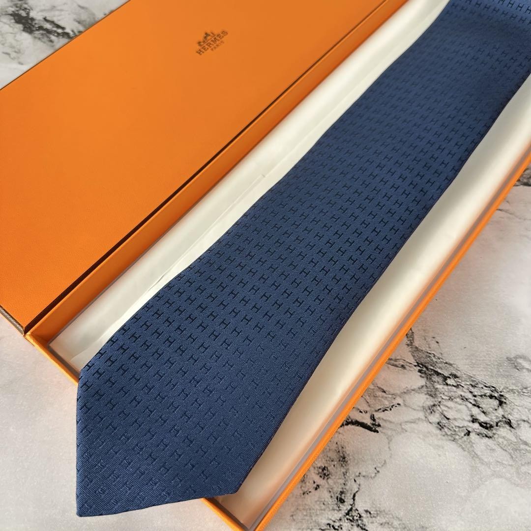 HERMES ネクタイ MARINE HERMES Ocean Navy Silk Tie 8cm Wide Faconnee H Elegant Men's