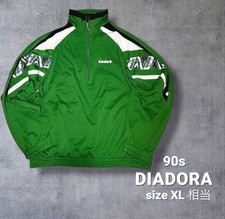 XL VTG 90s DIADORA Half Zip Track Jacket Green Tape Logo Soccer Terrace Wear JPN