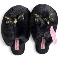 Juicy Couture Women's Slide Slippers Black Faux Fur Super Cute Med 7/8