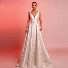 Charming Satin Wedding Dresses with Appliques A-line Backless Spaghetti Straps
