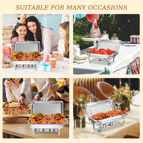 Plato de frotamiento de acero inoxidable de 8 cuartos para buffet con sartén de tamaño completo para bodas - Imagen 52 de 60
