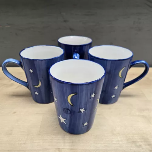 VTG Cobalt Blue Celestial Moon & Stars Hand Painted Mugs By Emerald ~ Set Of 4