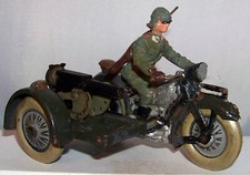 Lineol German Soldiers on Composition Motorcycle with Side Car