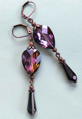 colorized BURGUNDY BLACK dangle crystal earring COPPER LEVERBACK handmade XCBA