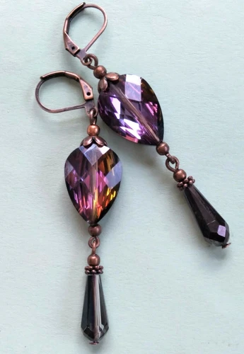 colorized BURGUNDY BLACK dangle crystal earring COPPER LEVERBACK handmade X6D