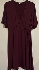 Old Navy Tie Belt Faux Wrap Jersey Dress Women’s Size XL Wine Bell Sleeve