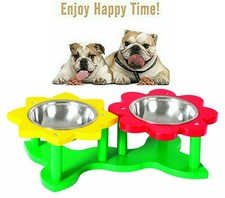 Pet Feeder 2 Stainless Bowls Removable 7 oz Flower Design