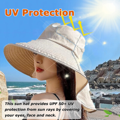 Women Wide Brim Sun Hat w/ Neck Flap Outdoor Fishing Hiking Camping  Ponytail Cap