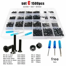500/1500 M1.4-M3 Black Phillips Flat Countersunk Head Screw Bolt Nut Set Kit Box