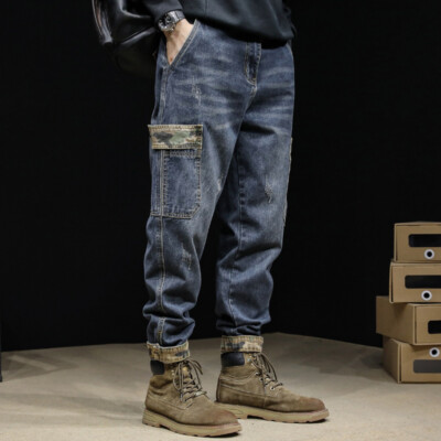 Men Casual Skinny Jeans Distressed Retro Denim Pants Cargo Pocket Trousers