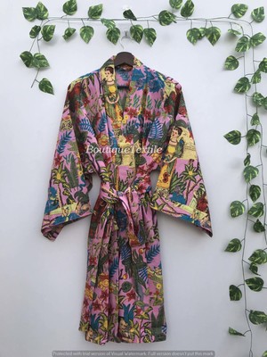 Indian Frida Printed Women Kimono Long Bathrobe Nightwear Maxi Dress Kimono
