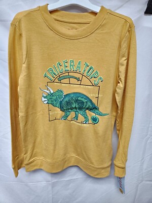 Cat & Jack Boy's Size S 6/7 Long Sleeve Triceratops T-Shirt Yellow Zipper Pouch