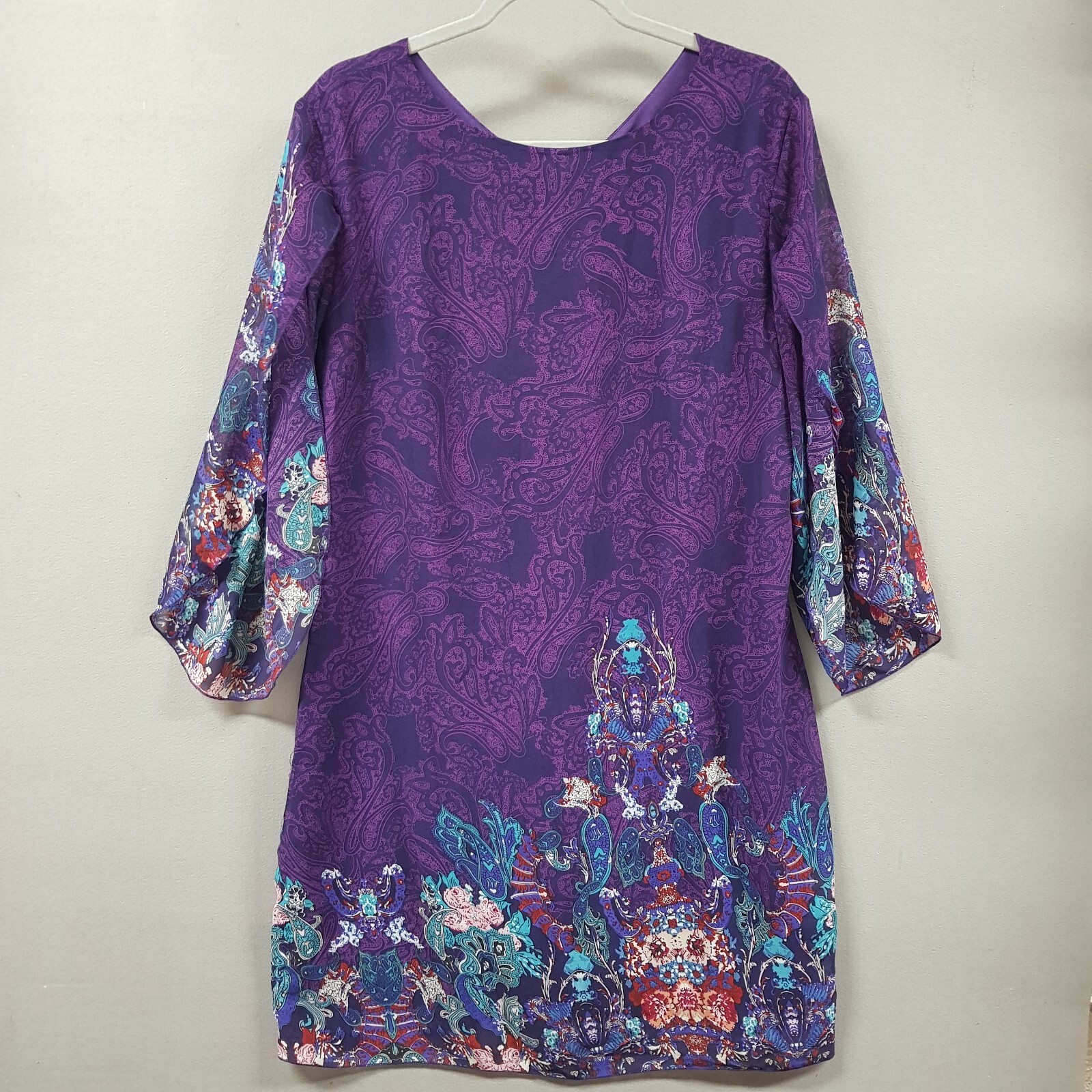 Grace Karin Women’s XL Purple Paisley Print Chiffon Shift Dress Split Sleeve