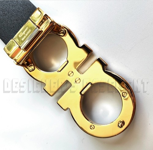 SALVATORE FERRAGAMO adustable 115 leather Black/Gold GANCINI Logo belt NWT Auth - Imagen 4 de 9