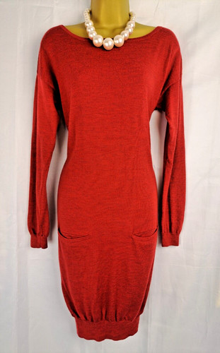 Toast Burnt Orange Knitted Dress Long Sleeve Front Pockets 100% Merino Wool UK8