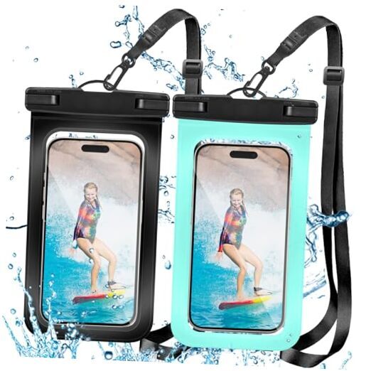 2 Pack Waterproof Phone Pouch with Adjustable Lanyard for iPhone 15 Black/Green