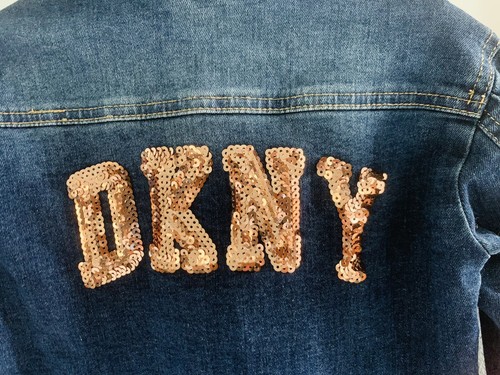 DKNY Girls Bling Sequin Denim Logo Jacket Stretch Snap Closure Size S-M - Picture 5 of 6