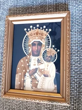 Religious Catholic Madonna & Child 11x9 inch Framed Straw Art Gold Wood Frame