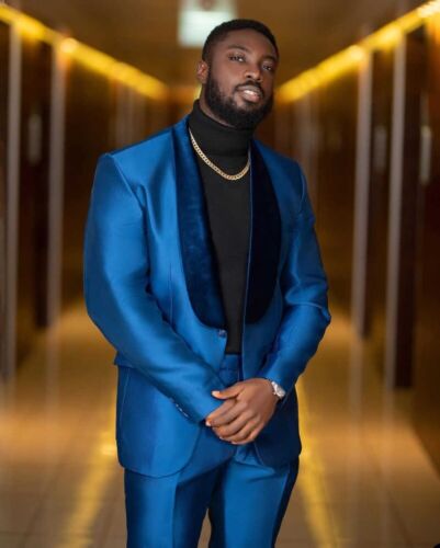 Royal Blue Men's Satin Suit 2 Pieces Slim Fit Velvet Shawl Lapel Jacket Pant Set - Picture 3 of 15