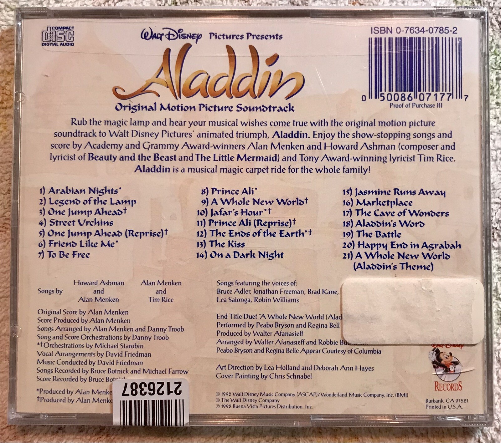Aladdin Original Motion Picture Soundtrack by Alan (CD) Disney, New ...