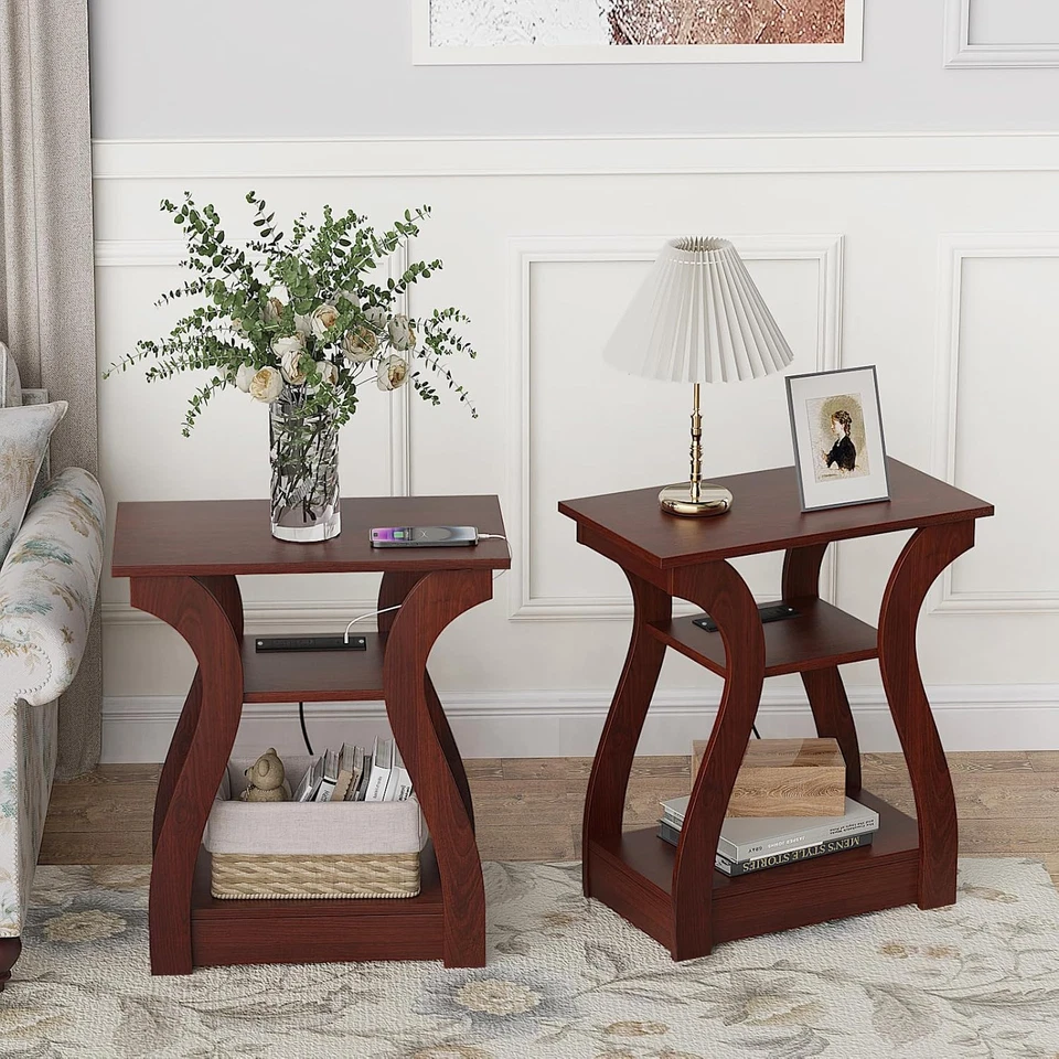 End Tables Living Room Set of 2, End Table with Charging Station, Cherry End Tab - Image 4 of 4