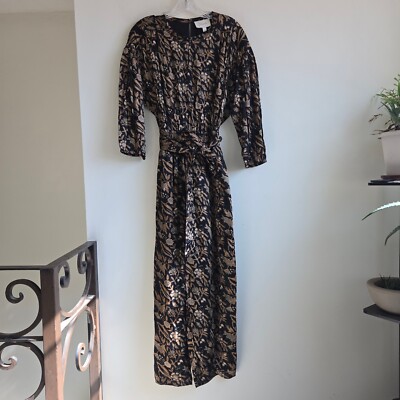Anthropologie Size Medium Cleobella Nylah Satin Printed Wrap Black Gold Jumpsuit