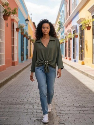 ELEGANT SPRING KNOT AND RHINESTONE LIGHT VISCOSE BLOUSE