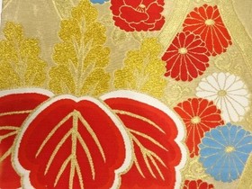 7761798: JAPANESE KIMONO / ANTIQUE FUKURO OBI / SILK / WOVEN KIKU & PAULOWNIA