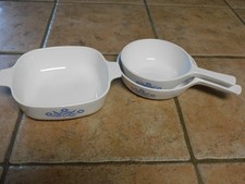 VTG CORNING WARE BLUE CORNFLOWER 2 SKILLETS & BROWNING DISH