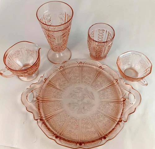 Vintage Mixed Pink Depression Glass Lot – Platter, Goblet, Cup, Creamer, Bowl
