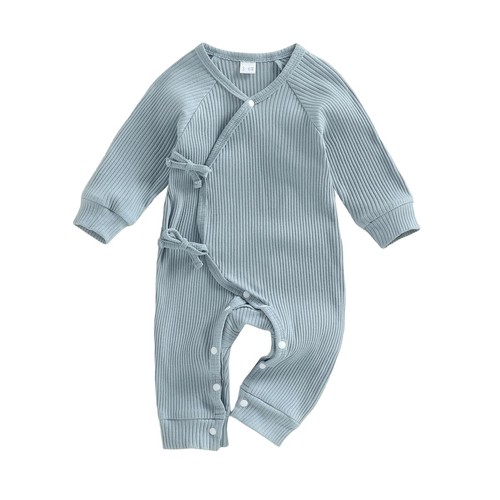 Newborn Baby Boy Girl Solid Color Long Sleeve Ribbed Romper Lace Up Jumpsuit ...