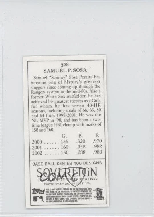 2003 Topps 205 Sovereign Back Mini Black Exclusive Pose Sammy Sosa #328 - Image 2 of 2