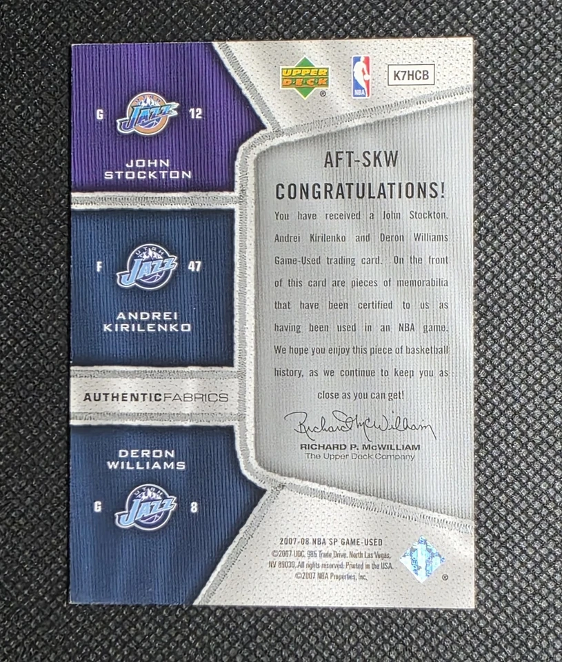 2007-08 John Stockton Andrei Kirilenko Williams /50 SP Triple Game Worn Patches - Image 2 of 2