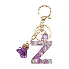 Initial Letter Keychain, Cute Alphabet Letter-Z Charm with Tassel Ball, Purple