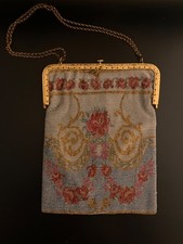 ANTIQUE MICRO BEADED PURSE W/ BEAUTIFUL FLORAL DESIGN, MADE IN FRANCE