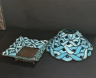 Vintage Tiffany Style Stained Glass 10” Blue Lamp Shade & Pillar Candle Holder
