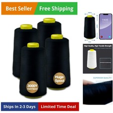Black Serger Thread, All-Purpose Thread for Sewing, Polyester, 4 Cones of 300...
