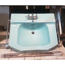 Vintage Blue Porcelain Sink with Double Side Towel Bars Faucet Set Chrome Legs