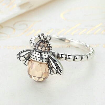 Champagne Solitaire Crystal Queen Bee Silver Ring Band Size 6 - 11 Free Gift Box