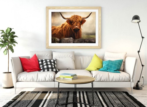 HIGHLAND COW BEHIND WALL, AUTUMN LANDSCAPE -FRAMED WALL ART POSTER PAPER PRINT - Picture 6 of 10