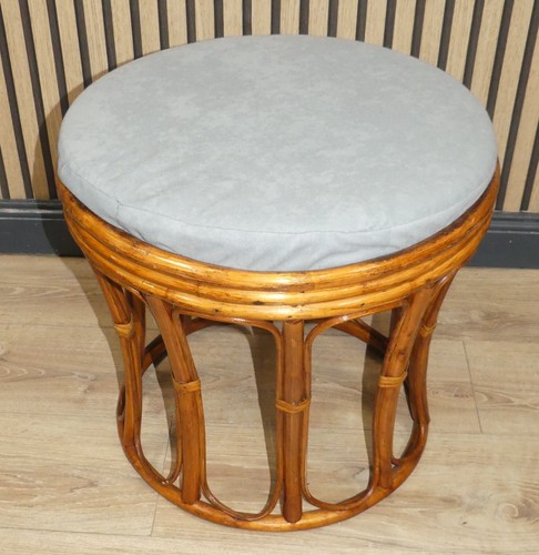 vintage Hocker Bugholz Bambus rund abnehmbares Kissen grau 80er Jahre boho retro - Bild 3 von 9