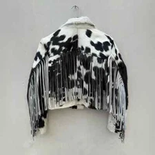 Women Western Cowhide Fringe Jacket Hair On Fur Short Coat Rodeo Style Blazer